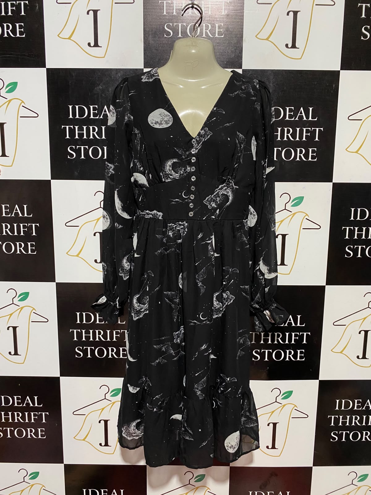 HELL BUNNY |S| BUST 16| B34| BLACK V-NECK LONG SLEEVE MID DRAPE DRESS