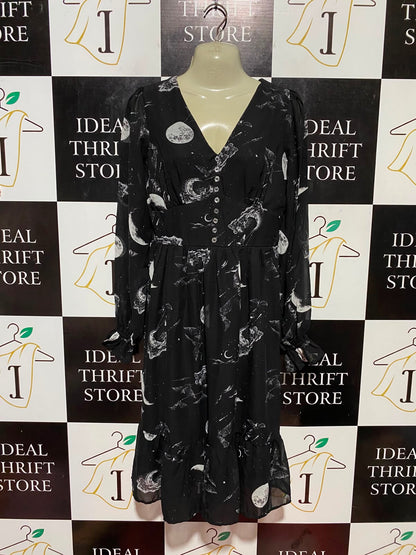HELL BUNNY |S| BUST 16| B34| BLACK V-NECK LONG SLEEVE MID DRAPE DRESS
