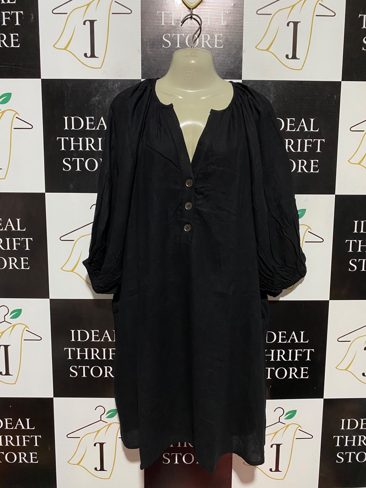 ANKO |XL| BUST 25| B34|  WOMEN'S OVERSIZED BLACK LINEN BLEND HENLEY TUNIC DRESS