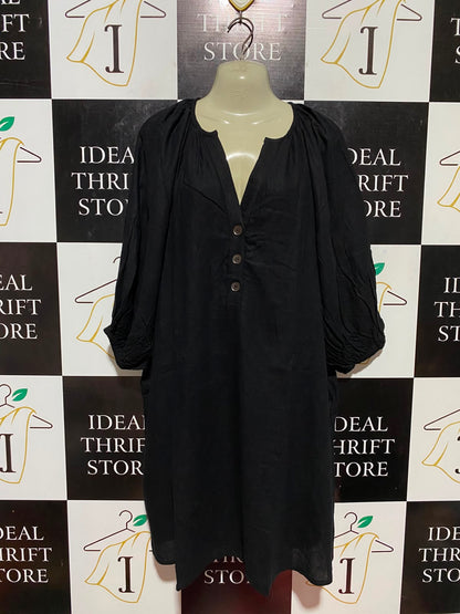 ANKO |XL| BUST 25| B34|  WOMEN'S OVERSIZED BLACK LINEN BLEND HENLEY TUNIC DRESS