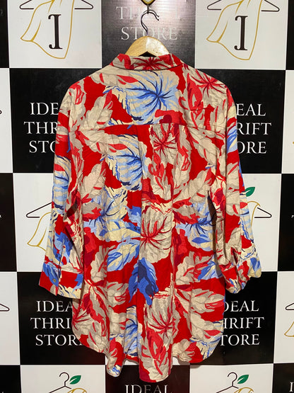 SUSSAN |M| BUST 23| B33| WOMEN'S VIBRANT TROPICAL FLORAL PRINT LINEN BUTTON-UP SHIRT