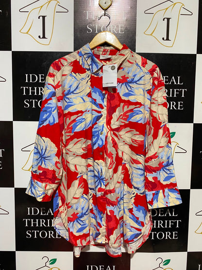 SUSSAN |M| BUST 23| B33| WOMEN'S VIBRANT TROPICAL FLORAL PRINT LINEN BUTTON-UP SHIRT