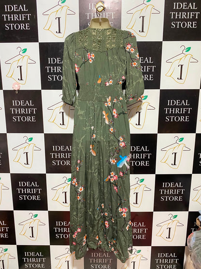 JAASE |XS| BUST 17| B33| WOMEN'S BOHO BOTANICAL PRINT MAXI DRESS – KHAKI GREEN