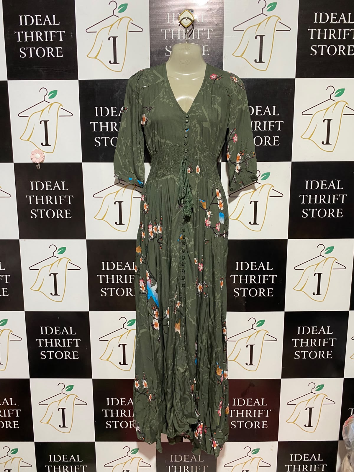 JAASE |XS| BUST 17| B33| WOMEN'S BOHO BOTANICAL PRINT MAXI DRESS – KHAKI GREEN