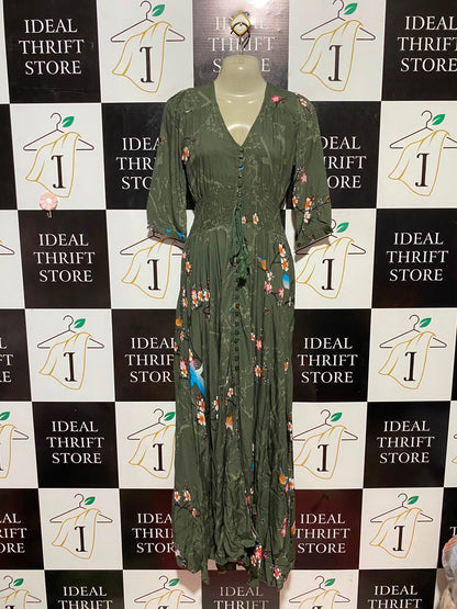 JAASE |XS| BUST 17| B33| WOMEN'S BOHO BOTANICAL PRINT MAXI DRESS – KHAKI GREEN