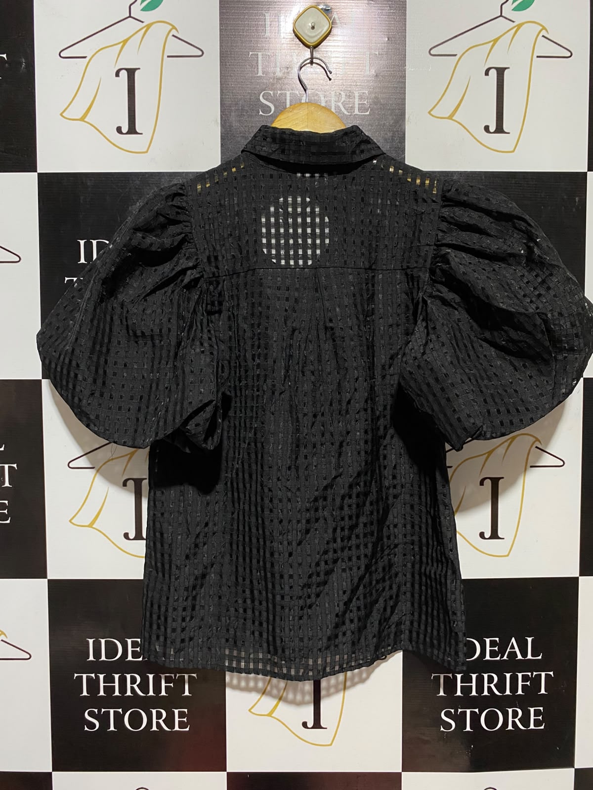 ST FROCK |M| BUST 20| B33| WOMEN'S STATEMENT PUFF SLEEVE CHECKED EYELET SHIRT – SOLID BLACK