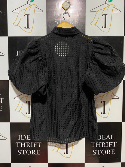 ST FROCK |M| BUST 20| B33| WOMEN'S STATEMENT PUFF SLEEVE CHECKED EYELET SHIRT – SOLID BLACK