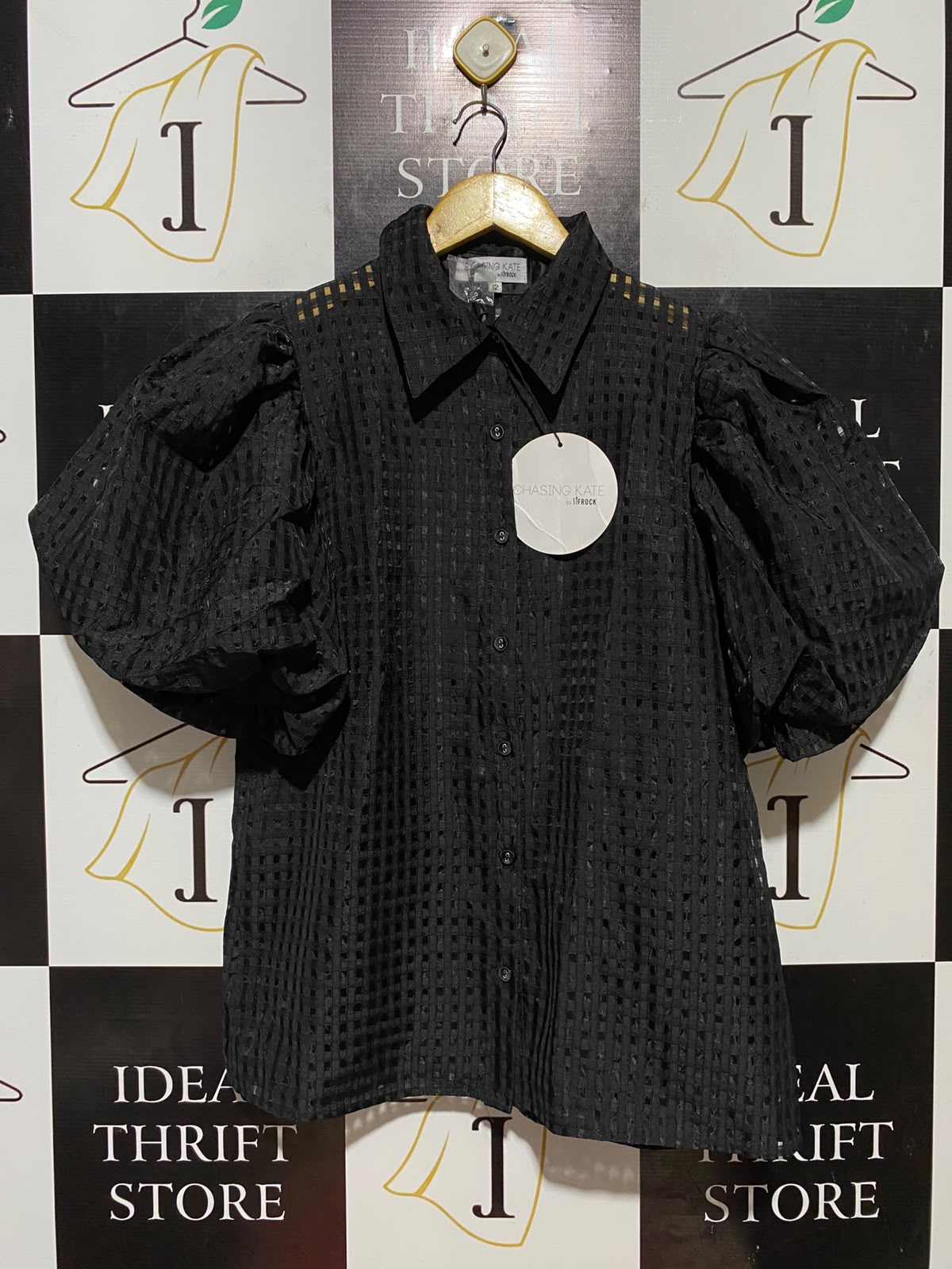 ST FROCK |M| BUST 20| B33| WOMEN'S STATEMENT PUFF SLEEVE CHECKED EYELET SHIRT – SOLID BLACK