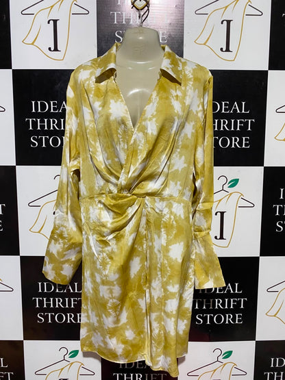 H&M |M| BUST 19| B33| WOMEN'S LONG SLEEVE TWIST FRONT TIE-DYE SHIRT DRESS – MUSTARD YELLOW & WHITE