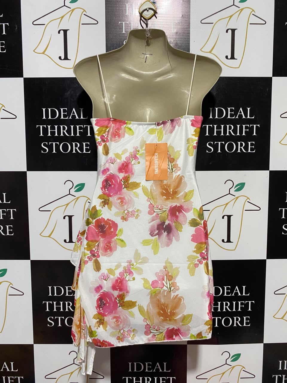 THATS SOFETCH |S| BUST 16| B33|  WOMEN'S FLORAL SATIN COWL NECK SLIP MINI DRESS