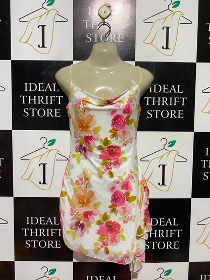 THATS SOFETCH |S| BUST 16| B33|  WOMEN'S FLORAL SATIN COWL NECK SLIP MINI DRESS