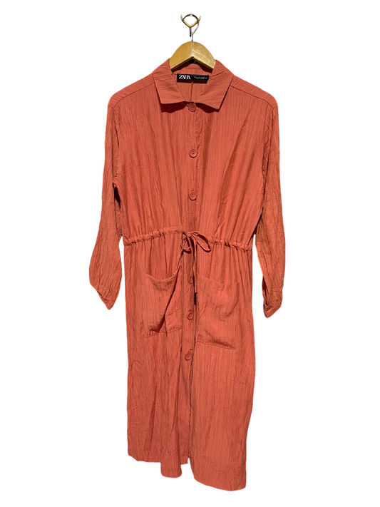 ZARA |L| WAIST 20| B34| WOMEN'S CRINKLE BUTTON-DOWN MIDI SHIRT DRESS