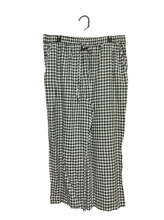 |XXL| WAIST 36| B34| DARK GREEN AND WHITE GINGHAM CHECKED WIDE-LEG CASUAL TROUSERS WITH ELASTIC DRAWSTRING WAIST