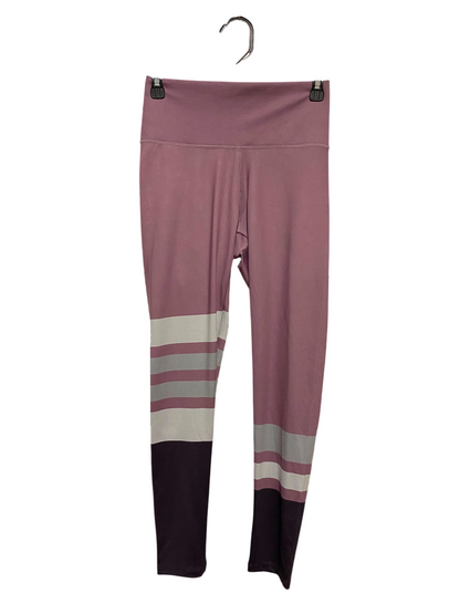 ROCK WEAR |XS| WAIST 25| B34| MAUVE PINK HIGH-WAISTED STRETCH FITNESS LEGGINGS WITH COLORBLOCK STRIPES AND DARK PURPLE ANKLE PANELS