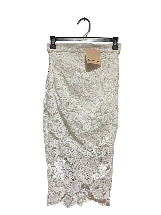 SHOWPO |XS| WAIST 25| B34| WHITE FLORAL LACE MIDI SKIRT WITH ASYMMETRICAL WRAP RUCHING DETAILED HEM