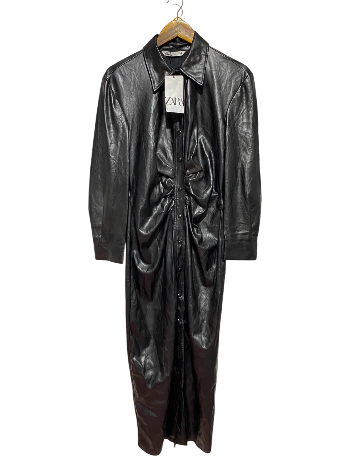 ZARA |L| BUST 18| B34| FAUX LEATHER RUCHED FRONT BUTTONED MAXI SHIRT DRESS - BLACK