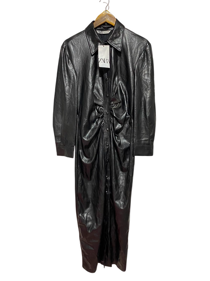ZARA |L| BUST 18| B34| FAUX LEATHER RUCHED FRONT BUTTONED MAXI SHIRT DRESS - BLACK