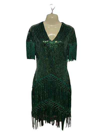 |L| WAIST 18| B34| EMERALD GREEN SEQUIN EMBELLISHED V-NECK FLAPPER DRESS WITH FRINGE DETAILS