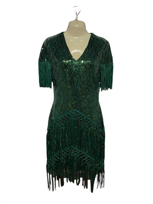 |L| WAIST 18| B34| EMERALD GREEN SEQUIN EMBELLISHED V-NECK FLAPPER DRESS WITH FRINGE DETAILS