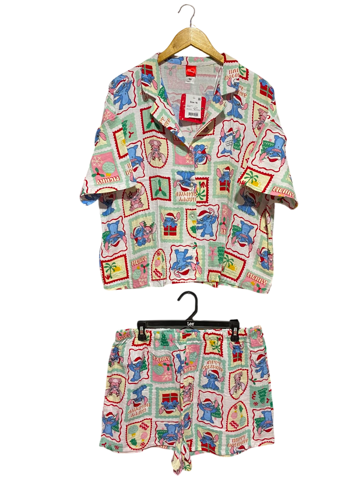 DISNEY |XL| B34|  STITCH CHRISTMAS HOLIDAY SHORT SLEEVE PAJAMA SET - MULTICOLOR STAMP PRINT