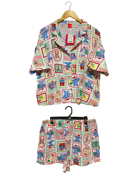 DISNEY |XL| B34|  STITCH CHRISTMAS HOLIDAY SHORT SLEEVE PAJAMA SET - MULTICOLOR STAMP PRINT