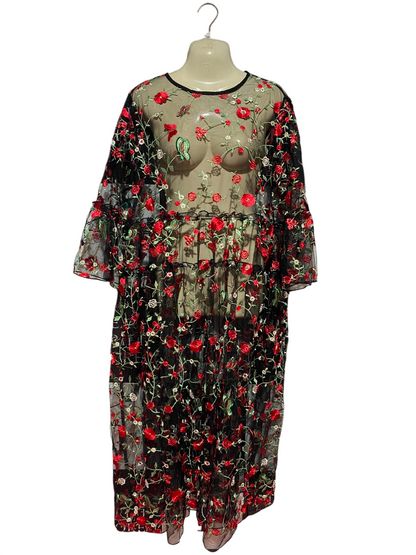 |L| BUST 22| B34| FLORAL EMBROIDERED BLACK MESH MAXI DRESS OVERLAY WITH BELL SLEEVES
