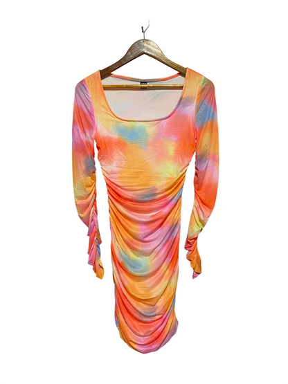 SHEIN |XS| BUST 14| B34| MULTICOLOR TIE DYE RUFFLED SLEEVE RUCHED BODYCON DRESS