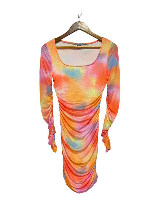SHEIN |XS| BUST 14| B34| MULTICOLOR TIE DYE RUFFLED SLEEVE RUCHED BODYCON DRESS