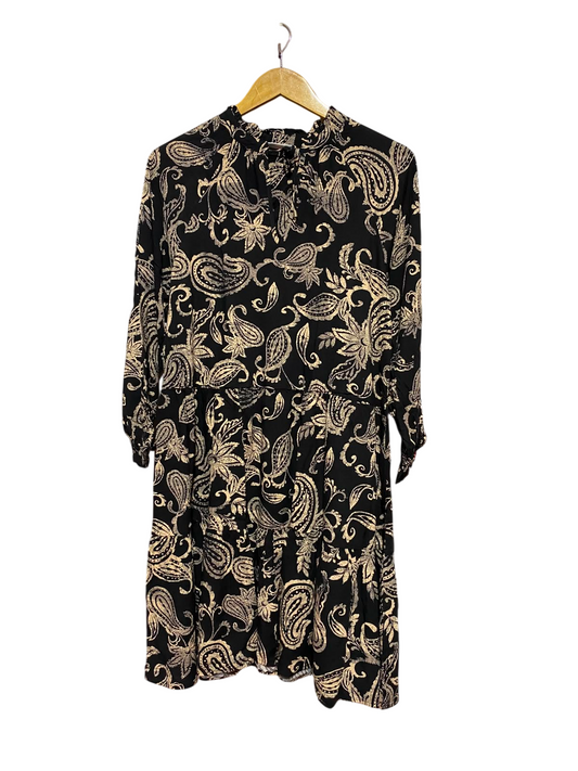 SUSSAN |L| BUST 290| B34| WOMEN'S BLACK & GOLD PAISLEY PRINT TIERED MIDAL DRESS WITH LONG SLEEVES