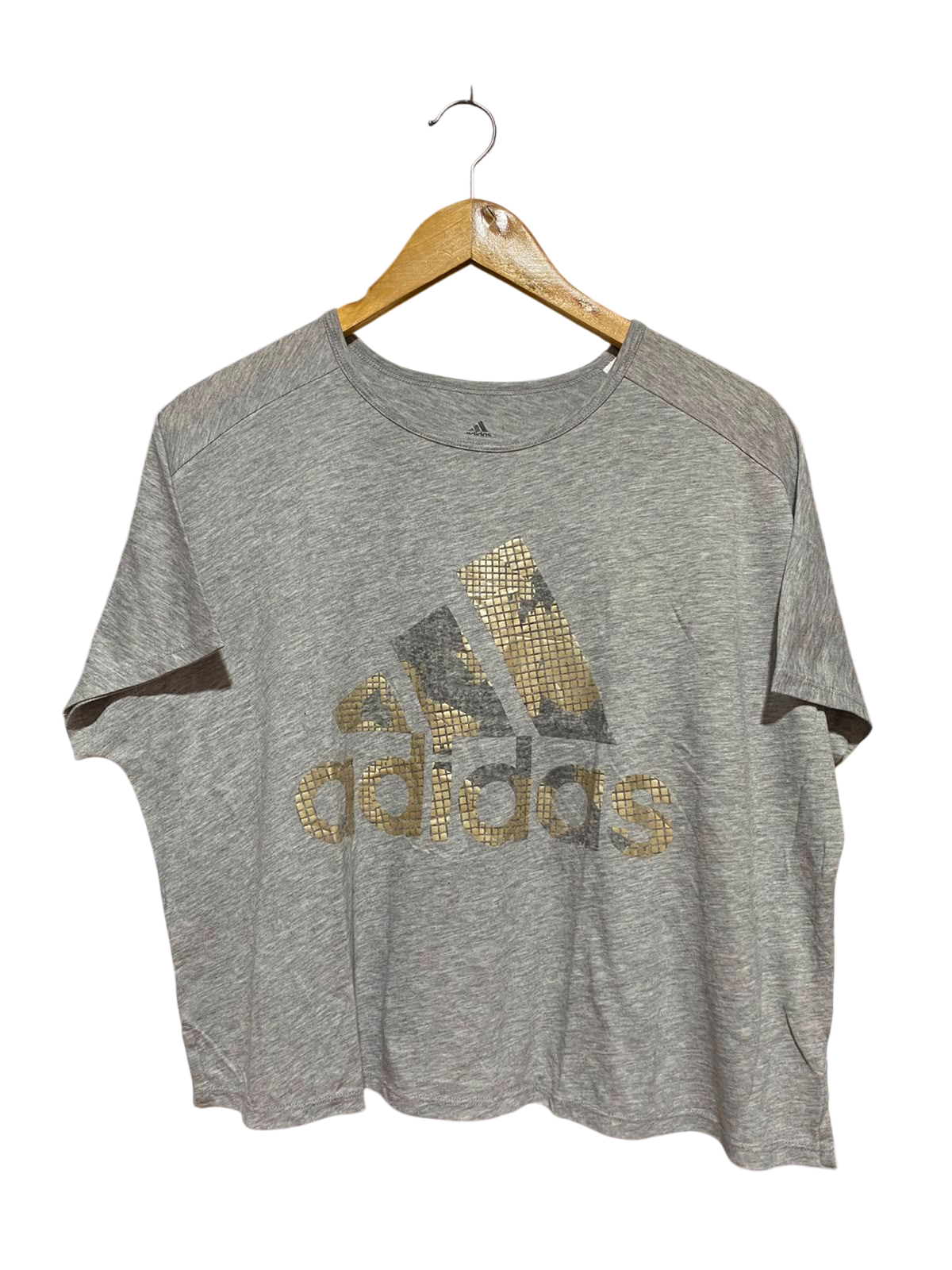 ADIDAS |L| BUST FREE| B34| PREMIUM GREY MELANGE BOXY CROPPED ATHLETIC T-SHIRT WITH METALLIC GOLD LOGO