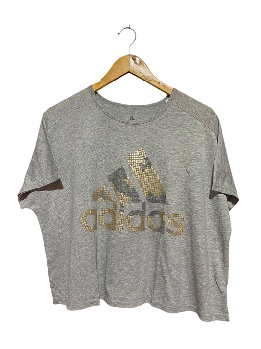ADIDAS |L| BUST FREE| B34| PREMIUM GREY MELANGE BOXY CROPPED ATHLETIC T-SHIRT WITH METALLIC GOLD LOGO