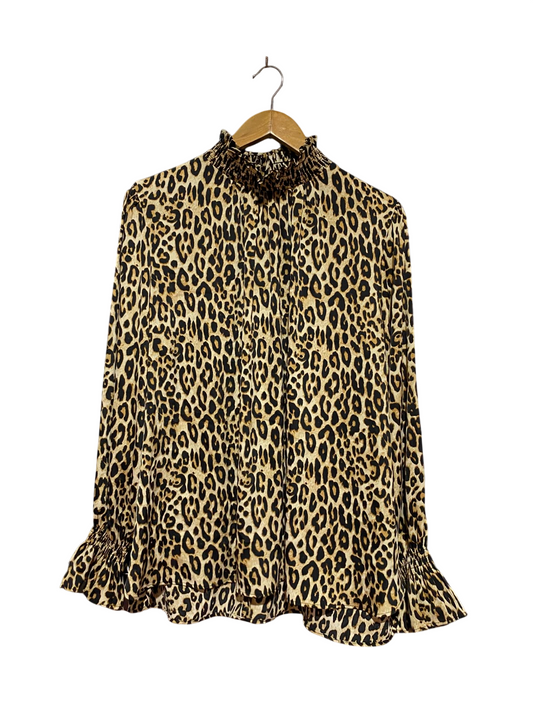 H&M |XL| BUST 23| B34| PREMIUM HIGH-NECK SMOCKED LEOPARD PRINT LONG SLEEVE BLOUSE WITH RUFFLED CUFFS