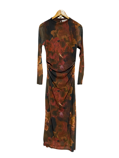 ATMOS & HERE |M| BUST 17| B34| PREMIUM HIGH-NECK RUCHED BODYCON MIDI MESH DRESS IN Muted RESTRY FLORAL PRINT