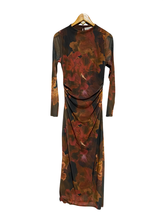 ATMOS & HERE |M| BUST 17| B34| PREMIUM HIGH-NECK RUCHED BODYCON MIDI MESH DRESS IN Muted RESTRY FLORAL PRINT