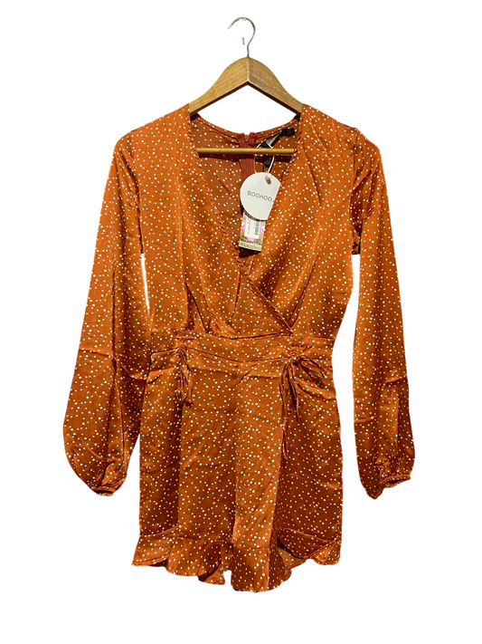 BOOHOO |M| BUST 17| B34| PREMIUM RUST ORANGE POLKA DOT LONG SLEEVE ROMPER PLAYSUIT