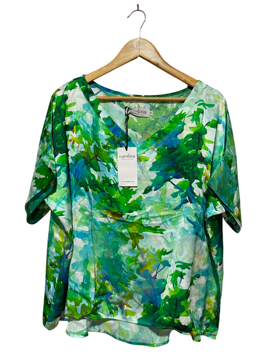 CAROLINE |S/M| BUST FREE| B34| PREMIUM VIBRANT GREEN AND BLUE BOTANICAL PRINT V-NECK BLOUSE