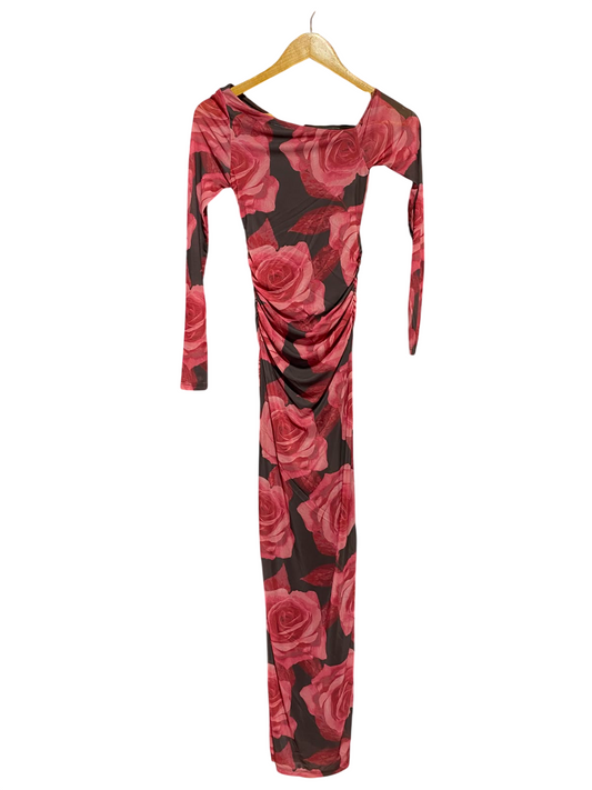 SUPRE |XS| BUST 12| B34| PREMIUM ASYMMETRICAL OFF-SHOULDER RUCHED BODYCON MAXI DRESS IN ROMANTIC ROSE PRINT