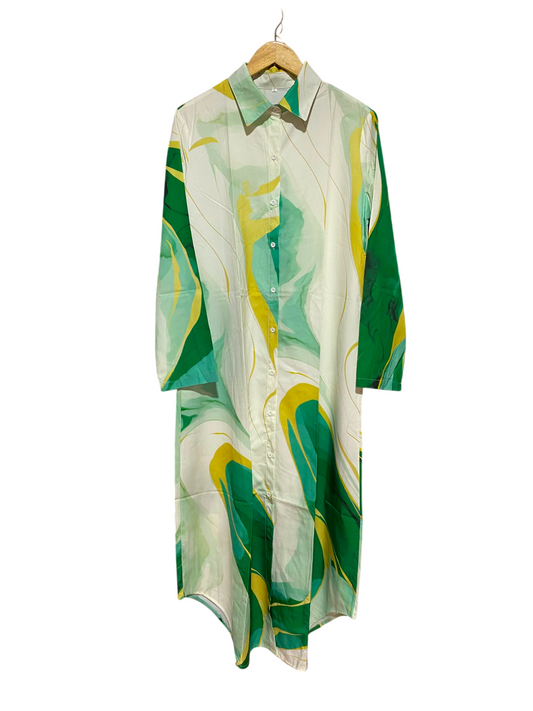 |L| BUST 21| B34| PREMIUM ABSTRACT MARBLE VIBRANT GREEN AND YELLOW PRINT BUTTON-DOWN MIDI SHIRT DRESS