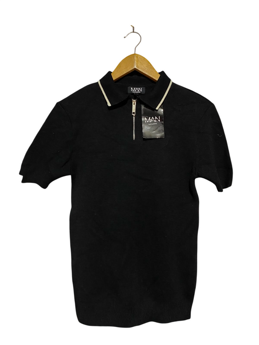 BOOHOO |S| BUST 16| B34| PREMIUM BLACK KNITTED QUARTER-ZIP POLO SHIRT WITH CONTRAST COLLAR TIPPING