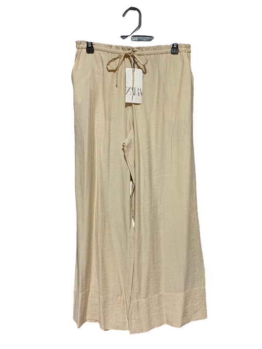 ZARA |XS| WAIST 29| B47| BEIGE CRINKLE TEXTURED WIDE-LEG DRAWSTRING PALAZZO PANTS