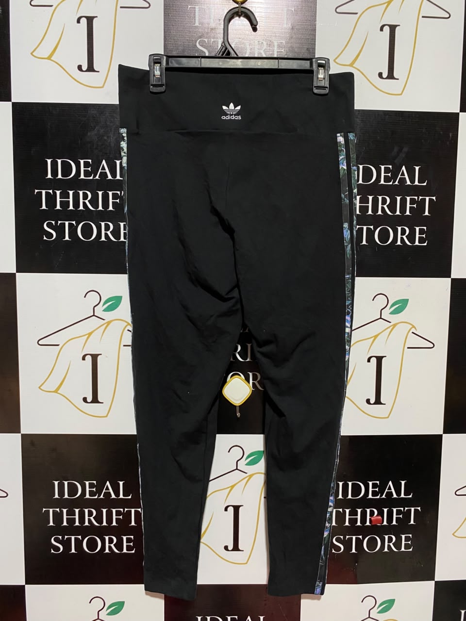 ADIDAS |L| WAIST 30| B34| PREMIUM HIGH-WAISTED BLACK ACTIVEWEAR LEGGINGS WITH SIDE FLORAL PRINT PANEL STRIPES