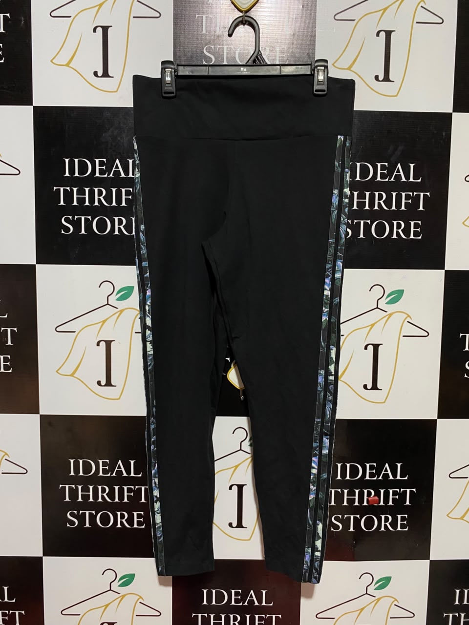 ADIDAS |L| WAIST 30| B34| PREMIUM HIGH-WAISTED BLACK ACTIVEWEAR LEGGINGS WITH SIDE FLORAL PRINT PANEL STRIPES