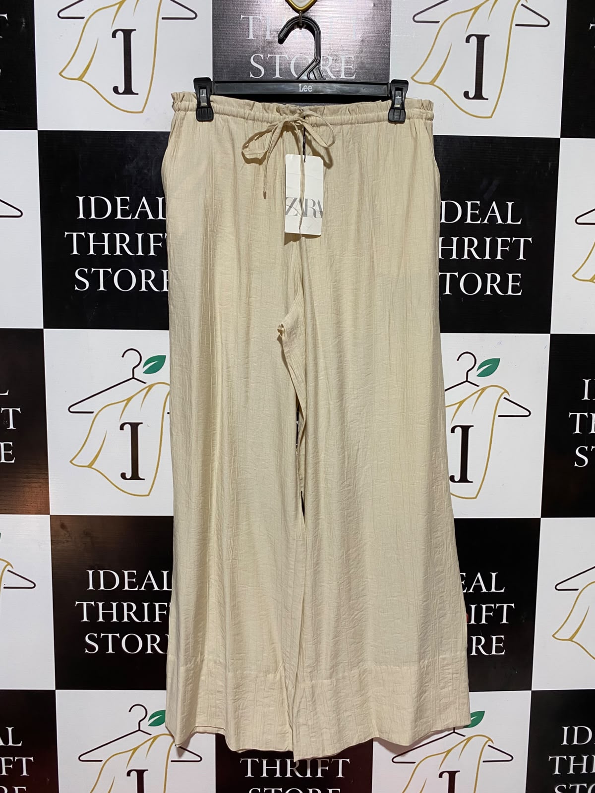 ZARA |XS| WAIST 29| B47| BEIGE CRINKLE TEXTURED WIDE-LEG DRAWSTRING PALAZZO PANTS