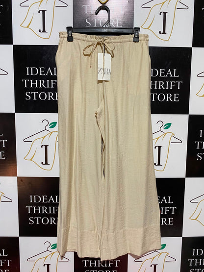 ZARA |XS| WAIST 29| B47| BEIGE CRINKLE TEXTURED WIDE-LEG DRAWSTRING PALAZZO PANTS