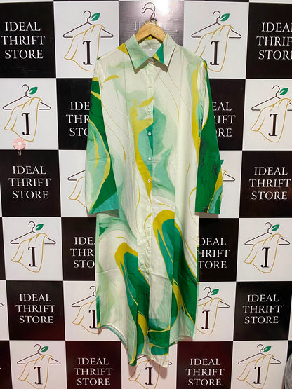 |L| BUST 21| B34| PREMIUM ABSTRACT MARBLE VIBRANT GREEN AND YELLOW PRINT BUTTON-DOWN MIDI SHIRT DRESS