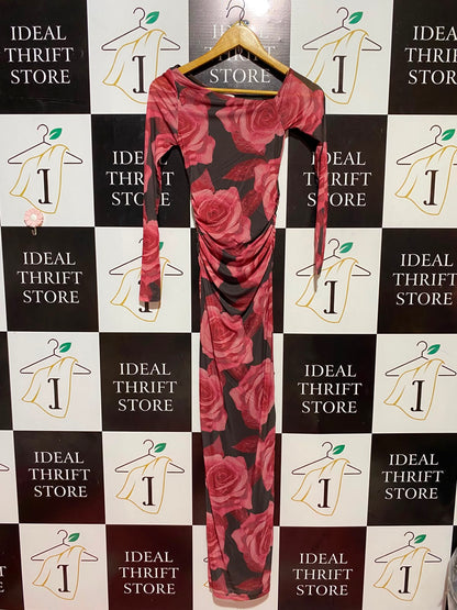 SUPRE |XS| BUST 12| A10| PREMIUM ASYMMETRICAL OFF-SHOULDER RUCHED BODYCON MAXI DRESS IN ROMANTIC ROSE PRINT