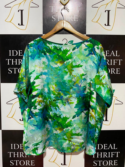 CAROLINE |S/M| BUST FREE| B34| PREMIUM VIBRANT GREEN AND BLUE BOTANICAL PRINT V-NECK BLOUSE