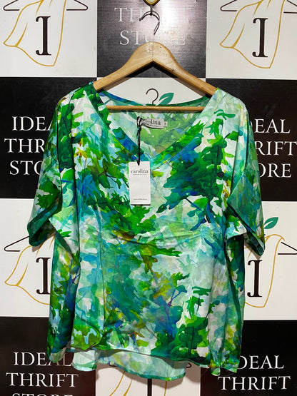 CAROLINE |S/M| BUST FREE| B34| PREMIUM VIBRANT GREEN AND BLUE BOTANICAL PRINT V-NECK BLOUSE