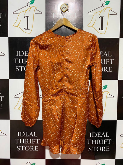 BOOHOO |M| BUST 17| B34| PREMIUM RUST ORANGE POLKA DOT LONG SLEEVE ROMPER PLAYSUIT