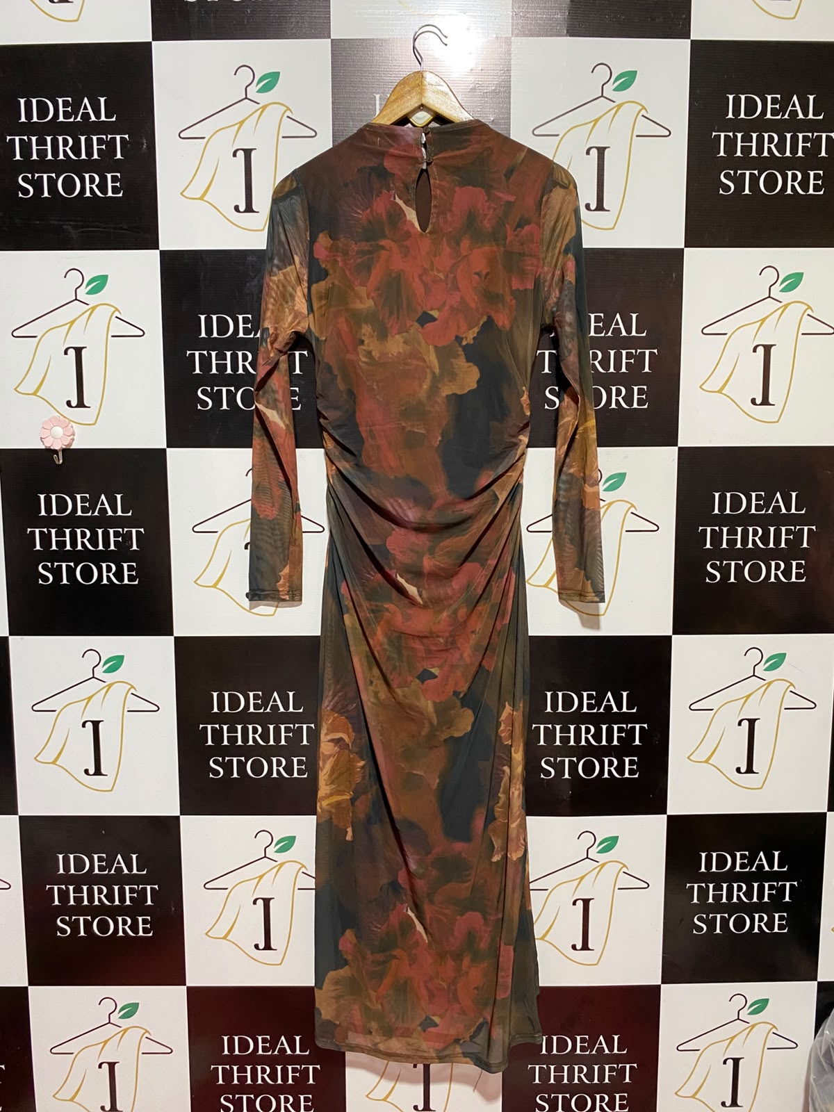 ATMOS & HERE |M| BUST 17| B34| PREMIUM HIGH-NECK RUCHED BODYCON MIDI MESH DRESS IN Muted RESTRY FLORAL PRINT